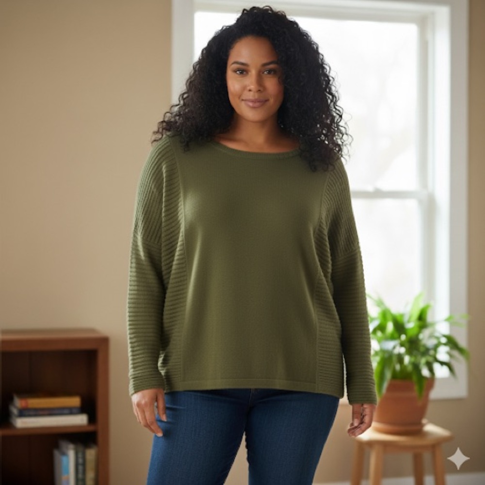 ONE A Olive Green Knit Sweater Plus Size 3X Crew Neck Long Sleeve